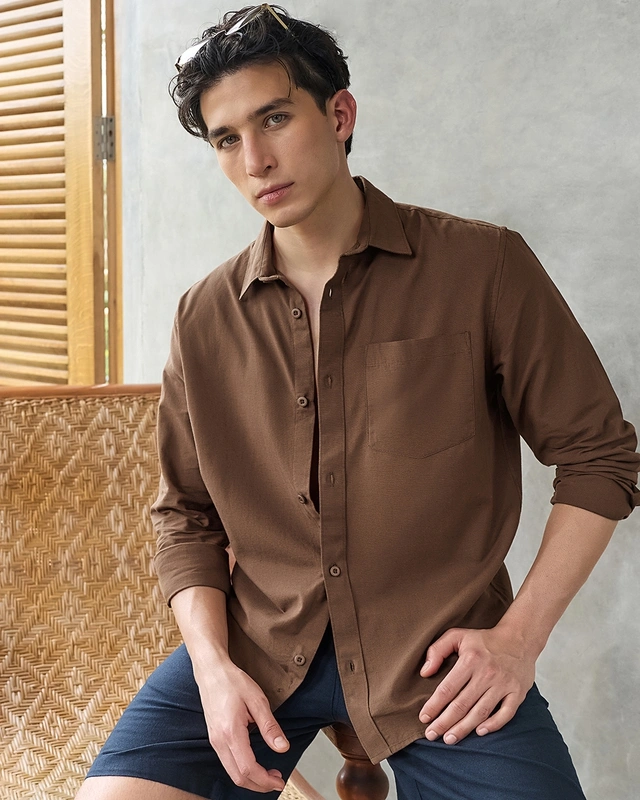 men s toffee brown cotton linen shirt 677616 1753701700 1